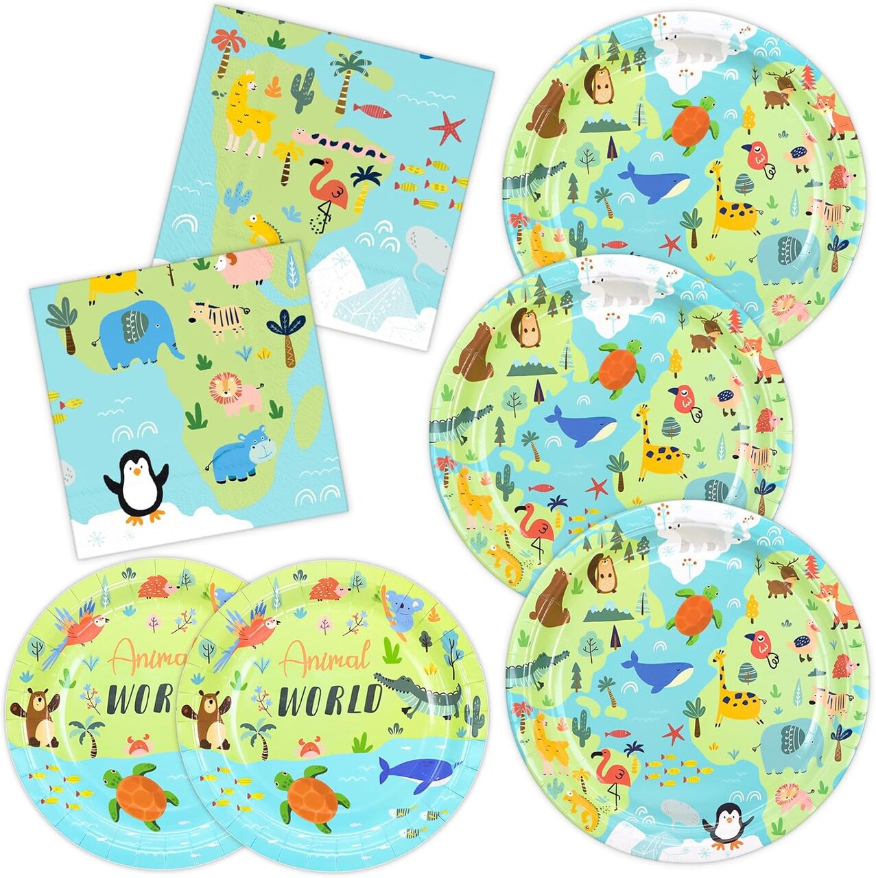 Baby Shower Animal World Map Paper Plates and Napkins - Serve 50 (Animal)